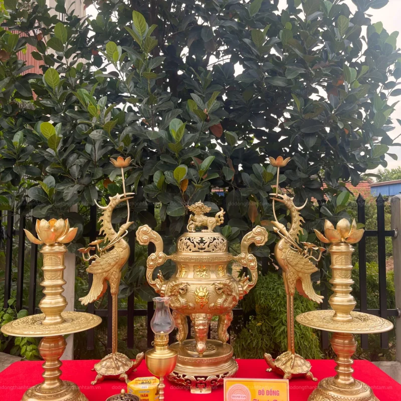 Bộ đỉnh đồng ngũ sự Song Long Chầu Nguyệt 50cm đồng Cattut