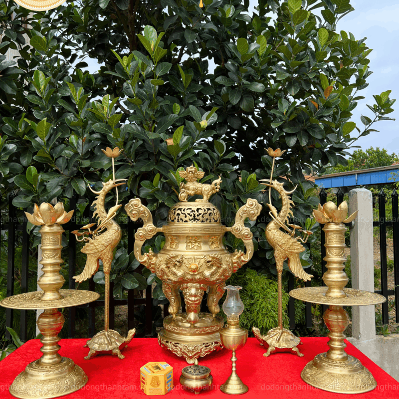 Bộ đỉnh đồng ngũ sự Song Long 65cm đồng Cattut
