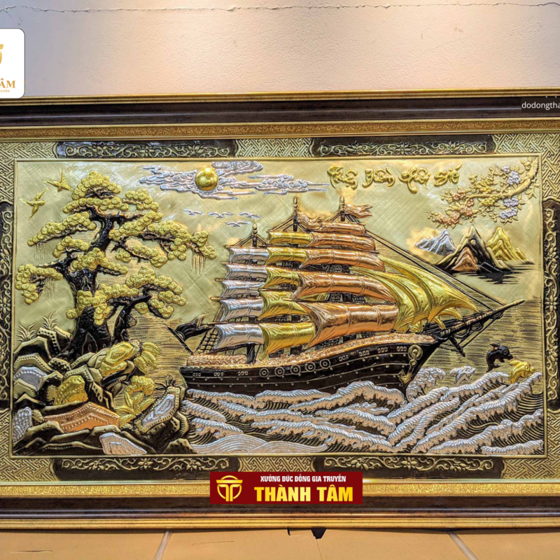 Tranh Thuận Buồm Xuôi Gió 75 x 1m15 bằng đồng dát vàng, bạc, đồng đỏ
