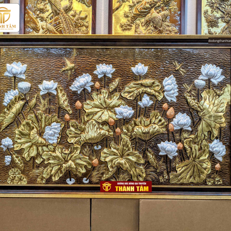 Tranh Hoa Sen Bằng Đồng 75x1m1 Dát Bạc Dát Đồng Đỏ, Khung Decor