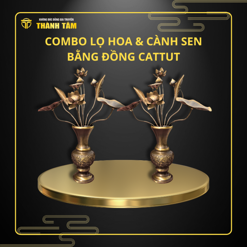 Combo lọ hoa cao 30cm & bó sen 10 cành bằng đồng Cattut